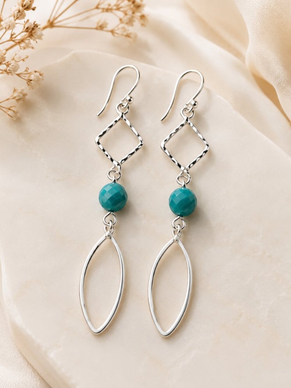 Mexican Silver .925 Geometric Drop Earrings with Turquoise-Colored Stone